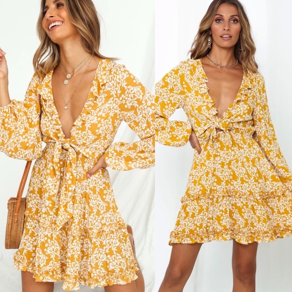 Ruffle Floral Long Sleeve Boho Gypsy Dress Yellow - Picture 6 of 14